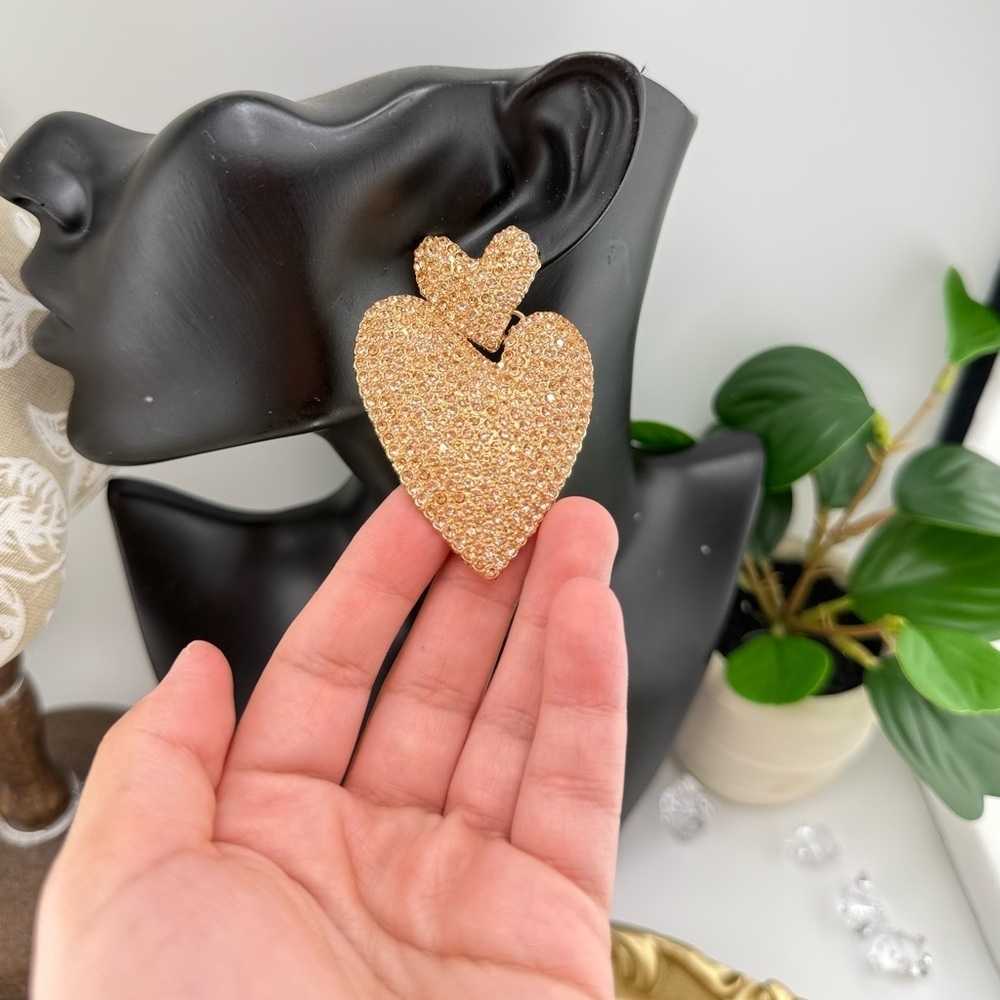 Statement Heart Earrings | Champagne Gold-Tone Rhinestone Drop Dangles - Picture 9 of 11